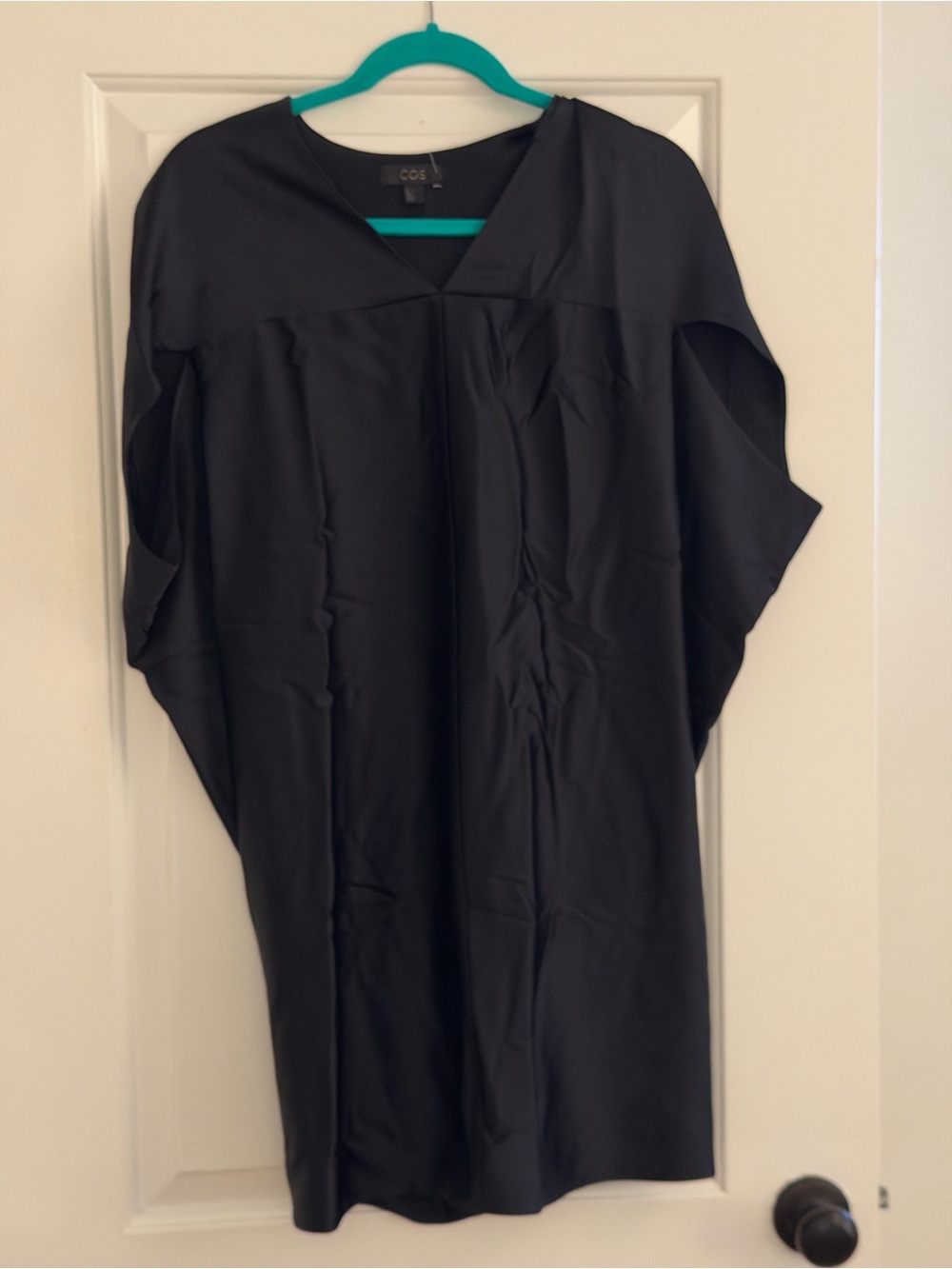 COS Navy Minimal V-Neck Tunic Dress with cape-ish sleeves